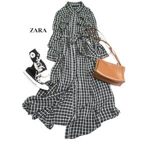 ザラ ZARA WOMAN 大きいサイズ XL 大人可愛い☆ チェック ウエストマークリボン 切り替え フレア ロングマキシシャツワンピース 