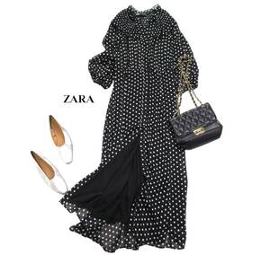 ザラ ZARA 大人可愛い☆ ドットプリント 水玉模様 シャーリング シアー ロングマキシワンピース S