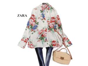 ザラ ZARA BASIC 大人素敵スタイル☆ 花柄 大振りフラワープリント デザインプルオーバーブラウス XS