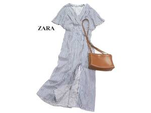 ザラ ZARA 大人カジュアル☆ リネン コットン 麻 綿 ストライプ カシュクール フロントスリット ロングマキシワンピース S