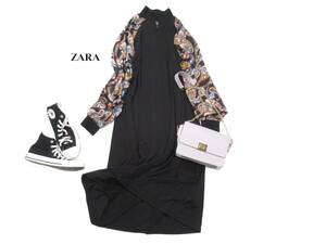 ザラ ZARA 大人可愛い☆ 微光沢袖 ペイズリー柄プリント ストレッチ ハイネック ファスナー デザインロングワンピース M