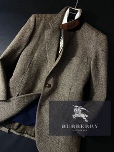 @D40【光沢感!!羊毛シルク】定価23万 新品同様●BURBERRY●襟ストラップ付●ツイードジャケットコート●メンズ　バーバリーコート 175