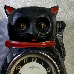 昭和アンティーク MEIKO CLOCK 目玉時計 黒猫 機械式TEZUKA 木彫 ジャンクの画像7