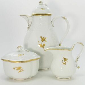 マイセン セット■金色の花 コーヒーポット シュガーポット クリーマー 小物入れ ミルク差し 3点セット エンボス ゴールド 金彩 Meissen