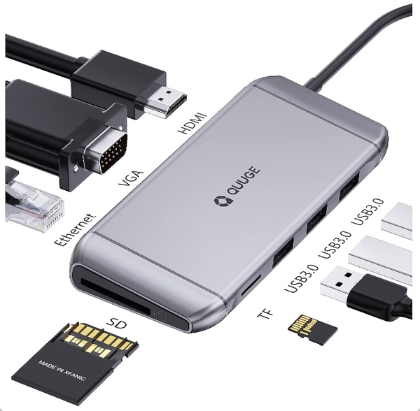 QUUGE 9in1 USB-C ハブ ドッキングステーション USB3.03 PD急速充電 HDMI 4K@30Hz VGA SD TF RJ45