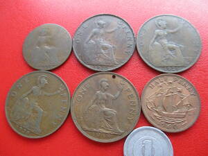 UK★イギリス★銅貨６枚★半d、１d★1921～1960年★George V～Eliz. II★25mm～31mm