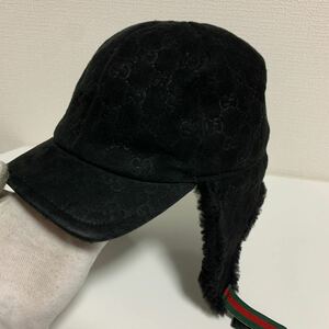 希少　GUCCI グッチ　帽子 キャップ 耳当て　スウェード　ブラック系　シェリーライン　Mサイズ