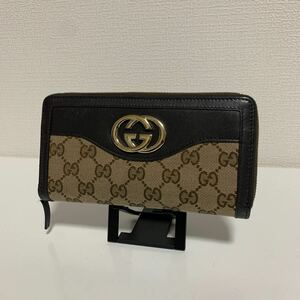 使用回数少　美品　GUCCI グッチ インターロッキング GGキャンバス ラウンドファスナー 長財布 レザー 