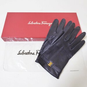 ☆美品☆サルバトーレフェラガモ(Salvatore Ferragamo）手袋　レザー　グローブ　ブラック　ガンチーニ　ロゴ　ゴールド金具