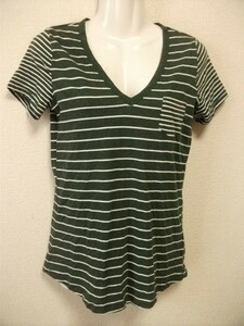 assk6-82☆GAP/ギャップ　半袖ボーダーVネックカットソー　トップス　VネックTシャツ　プルオーバー　グリーン系　XXSサイズ　綿100％