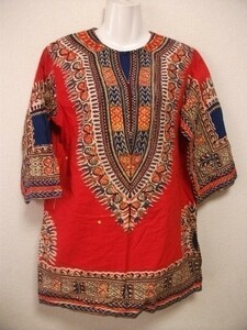 assk4-6*CHUNDRI ethnic style 7 minute sleeve tunic One-piece ound-necked tops pattern thing after fastener red series 