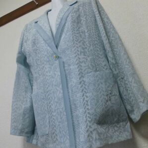 assk6-639☆Dagnr 透け感ありのジャケット アウター 涼しげ ラインストーン付 肩パット 水色 サイズ11R 綿混素材 日本製 の画像1