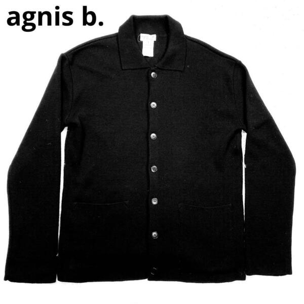 【フランス製・美品】agnis b. homme アニエスベー オム　ウール ニット カーディガン [1] (メンズM〜L相当)]　ブラック　黒　