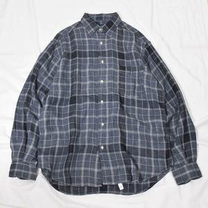 80s 90s イタリア製 New England vintage linen big shirt 麻100％ リネン ビッグシャツ チェック ネイビー L-XL オールド ビンテージ 古着