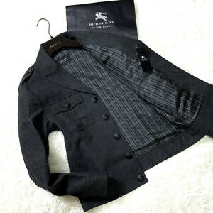 極美品BURBERRY BLACKLABELナポレオンジャケットXL.LL~Lメランジュツイード黒ノバチェックマリンPコートブラレバーバリーブラックレーベル