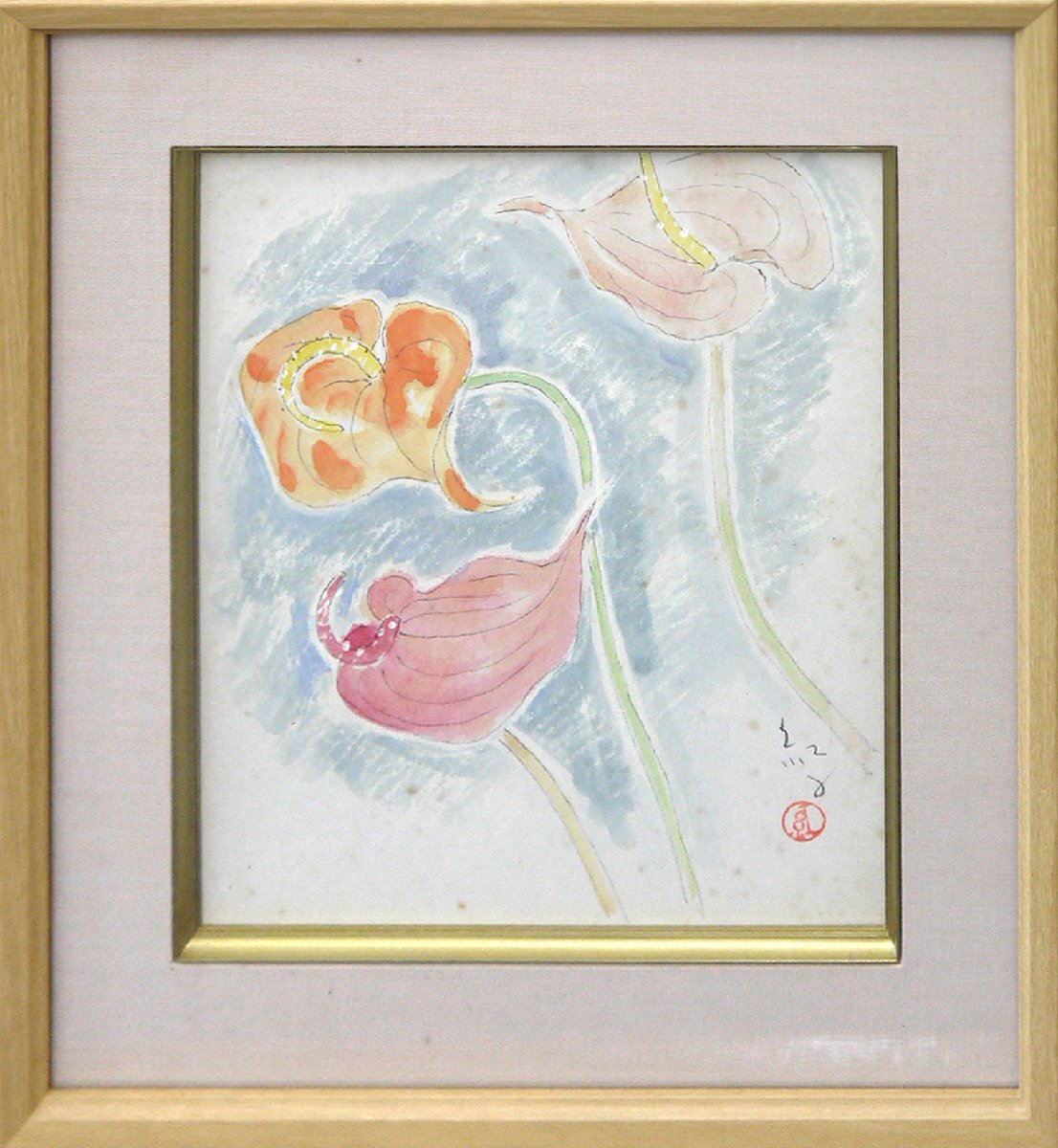 Me gustan las flores, ¡He dibujado muchas obras de flores silvestres que florecen al pie del monte Asama! Beniko Fukazawa Anthurium Shikishi [¡Establecido hace 53 años! Seiko Gallery con trayectoria y confianza comprobadas], Cuadro, Pintura al óleo, Retratos