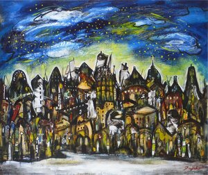 Art hand Auction popular artist who creates vivid and colorful rhythms with his unique brushstrokes! Fujiko Shirai Night Town 20F Oil Painting [Masami Gallery, a trusted and reliable company with 53 years of experience] G, Painting, Oil painting, Nature, Landscape painting