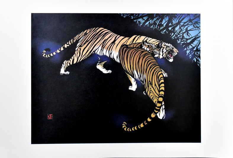 Authentische Masayuki Miyata Twin Tigers Papierschnitt/Reproduktion mit Rahmen Beliebter Papierschnittkünstler [Masamitsu Gallery], Kunstwerk, Malerei, Hirie, Kirie