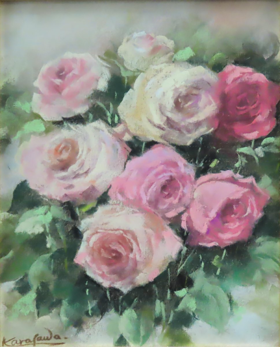 ¡Pintor de la prefectura de Gunma! Masamichi Karasawa No. 3 Pétalos perfumados Una elegante pintura de rosas [Galería Masamitsu con 53 años de experiencia, confianza y tranquilidad] G, cuadro, pintura al óleo, pintura de naturaleza muerta