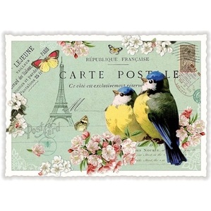 パリの小鳥 ドイツ 製 ポストカード 桜 アオガラ ラメ さくら サクラ グリーティングカード 絵はがき アンティーク調