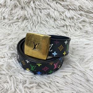 １円〜【希少】LOUIS VUITTON ルイヴィトン ベルト モノグラム マルチカラー サンチュール ノワール LVカット M6890 金具