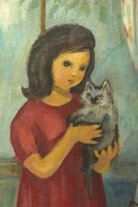 【董芸】日展特撰画家 神戸 文子 筆 『ねこと少女』8号 真作保証 08ws307