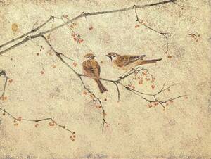 【真作】中野嘉之「雀と赤い実」日本画１２号　共シール　京都　多摩美術大学名誉教授