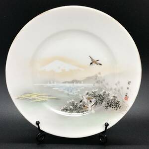 明治輸出品 『 鈴木造 』富士山と芦ノ湖　花鳥風景図　鳥絵　プレート 19cm オールドニッポン