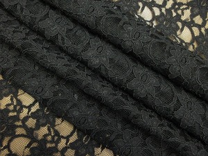 綿混 ヘビーコードレース 両端スカーラップ ワンピース ドレス 中厚 巾128cm 長3m 黒 [m579]