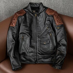 レザージャケット 上品　バイクジャケット　本革 牛革カウハイド ライダースジャケット 　革ジャン Ｓ～5XL 黒 選択3XL