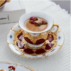 【高級洋食器 】 MEISSEN マイセン 手作り　ティーカップ＆プレート 2点セット 洋食器 テーブルウェア インテリア ギャラリー レッド