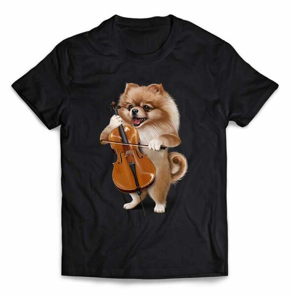 ポメラニアン いぬ 犬 エッフェル 塔チェロ 音楽 Tシャツ メンズ レディース 半袖Tシャツ