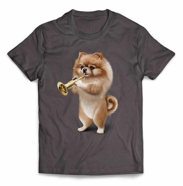 ポメラニアン いぬ 犬 フランス パリ トランペット Tシャツ メンズ 半袖Tシャツ