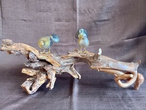 ☆秀山作 銅製 鳩 双鳩 木 在銘 置物 飾物 オブジェ インテリア 木箱