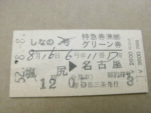 しなの2号　特急券(乗継)　塩尻→名古屋　昭和52年8月8日発行　交 京都三条発行　