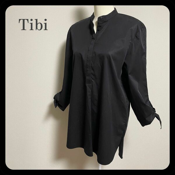 【未使用】Tibi バンドカラー リボン袖 コットンチュニック 黒 ブラック 長袖シャツ