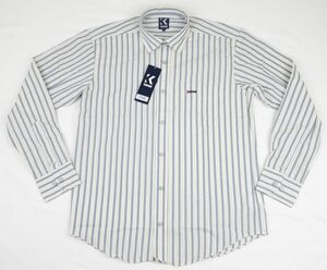 ●KANSAI YAMAMOTOカジュアル長袖ドレスシャツ(白/青灰ストライプ,L,COOL PLUS使用)新品