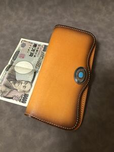 手染め　メンズ財布　ハンドメイド 二つ折り長財布 牛ヌメ革 本革 小錢入れあり ロングウォレット 1円　新品 未使用 キャメル 