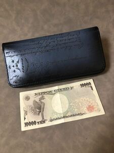 【手染め】イタリアン本革長財布 ハンドメイド牛革ヌメ革　ラウンドファスナー長財布 1円　ロングウォレット黒 x青