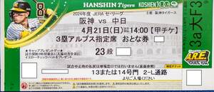 4月21日（日）2024 セ・リーグ 阪神タイガースVS中日ドラゴンズ 甲子園球場　3塁アルプス指定席23段1枚 ハットプレゼント