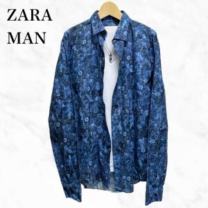 ZARA MAN 総柄シャツ　長袖シャツ　小花柄シャツ　カジュアルシャツ　青トップス 