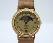 【良品 保証付 動作確認済】Heuer Ladies ホイヤー レディース HL200G Quartz Date Moon Phase GP Roman Dial Brown Leather Watch #T193_画像3