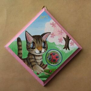 猫のミニパネル４月・桜３（一辺約10cm）　ハンドメイド　インテリア雑貨　猫雑貨　壁掛け飾り