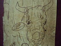 ◆作者不詳◆ハングルサイン◆銀紙にペン◆雰囲気のある牛図_画像4