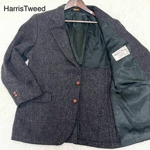 美品 L位 ハリスツイード HarrisTweed テーラードジャケット ウール100% 千鳥格子 チェックくるみボタン 2B アウター メンズ 紳士服 グレー