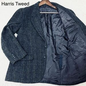 1円〜 美品 L位 ハリスツイード Harris Tweed テーラードジャケット チェック 総裏 2B ウール100% アウター メンズ 紳士服 ネイビー 濃紺