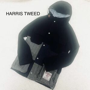 極美品 Mサイズ ハリスツイード HARRIS TWEED フード付き コート ジャケット クレイジーパターン ウール KMK アウター メンズ グレー