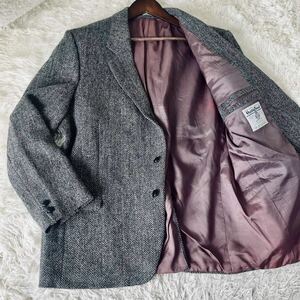 極美品 L位 ハリスツイード Harris Tweed テーラードジャケット ヘリンボーン くるみボタン 2B ウール100% アウター メンズ 紳士服 グレー