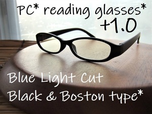 【新品　送料無料】PC老眼鏡　+1.0　ブルーライトカット　黒　マットブラック　リーディンググラス　オーバル　目に優しい スマホ ゲーム
