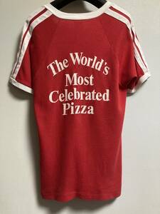 70s 80s USA製 ヴィンテージ Gino's East シカゴ CHICAGO Pizza ピザ ラグラン Vネック Tシャツ 両面プリント アドバタイジング